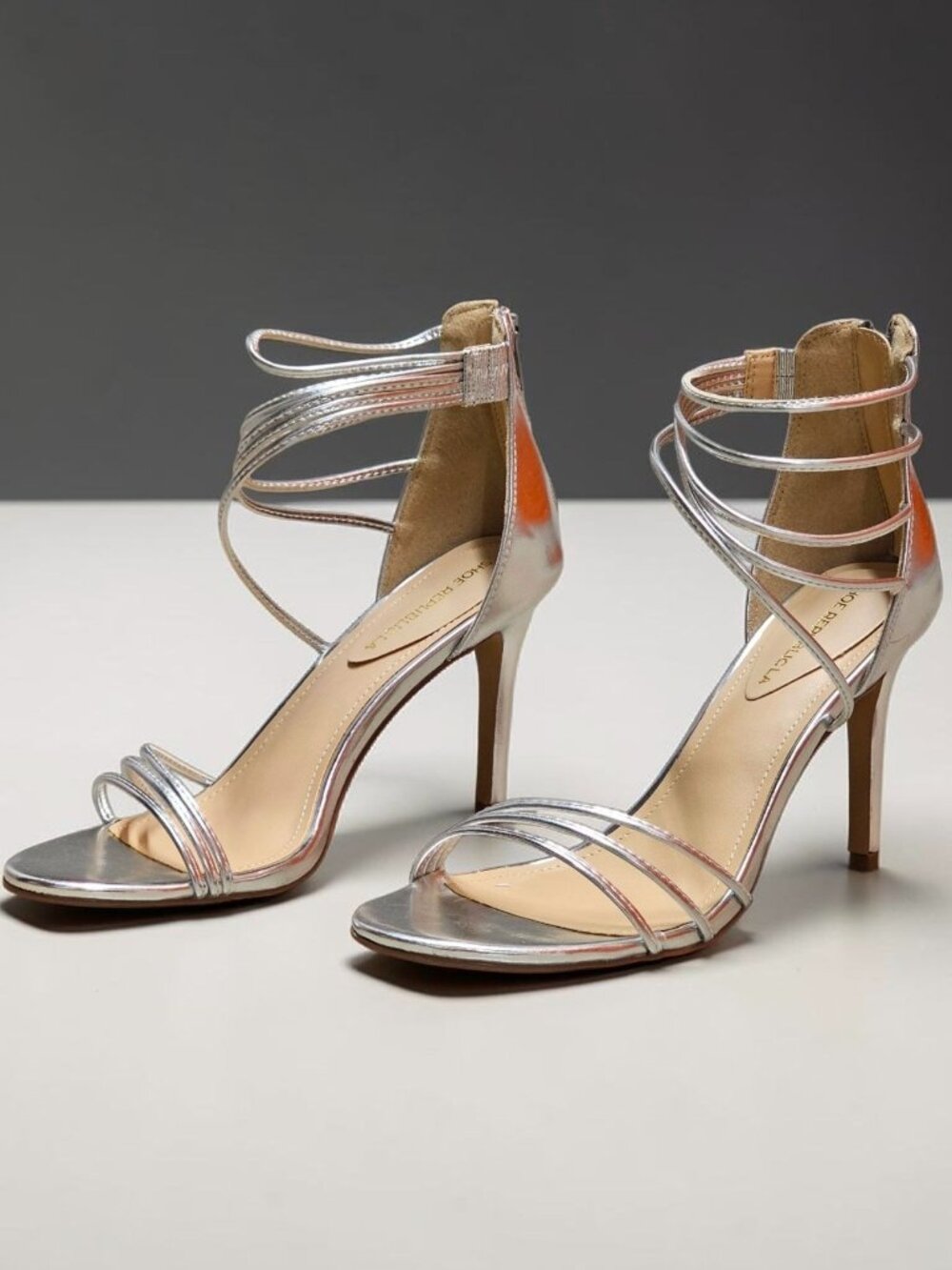 Strappy Metallic Silver High Heel Sandals With Ankle Strap Closure - Womens